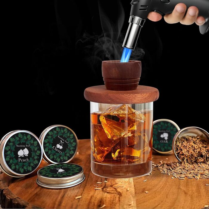 Набір для копчення коктейлів з факелом - 8 смаків дерев'яної стружки - Набір для диму Whiskey, Bourbon, Old Fashioned, подарунок на день народження, Різдво для чоловіків, тата, чоловіка