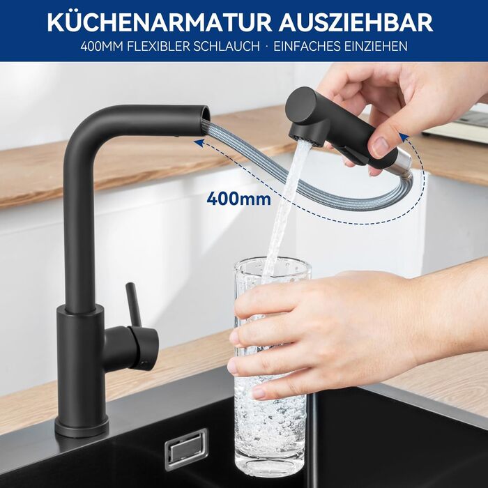 Змішувач кухонний CECIPA висувний з душем, нержавіюча сталь, 2 режими, 360° оберт, матовий чорний