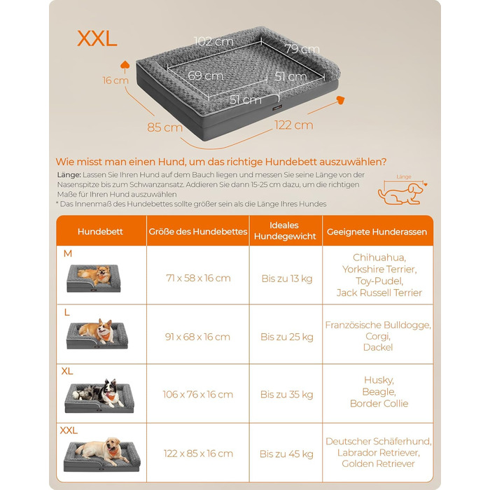 Ортопедичне ліжко для собак Feandrea великих порід, вологостійке, знімний плюшевий чохол, 122 x 85 x 16 см, сірий PGW254G02 XXL