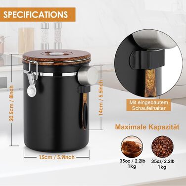 Каньора для кави 1 кг, нержавіюча сталь з дерев'яним декором, вакуумна каністра з CO2-клапаном, мірна ложка та індикатор дати, для кави, горіхів, какао