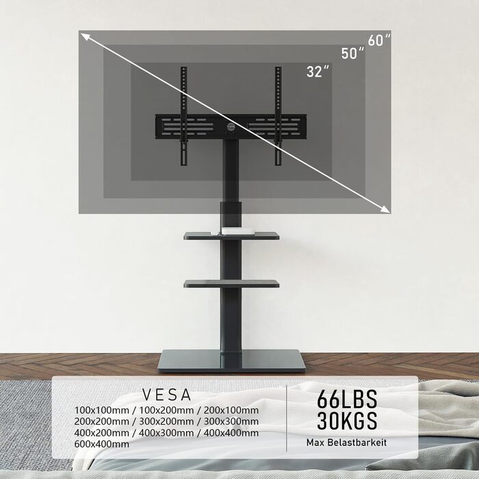 FITUEYES Adjustable Swivel TV Stand - Floor Mount for 32-60 inch Flat & Curved TVs (up to 30kg, VESA 600x400) - Black