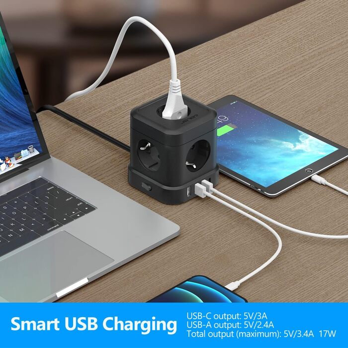 Сетевой фильтр JSVER Cube 5-fach с USB, 2м кабель, белый/черный. 3680W, 16A, 4 USB зарядки (17W) для офиса, дома, в дорогу.