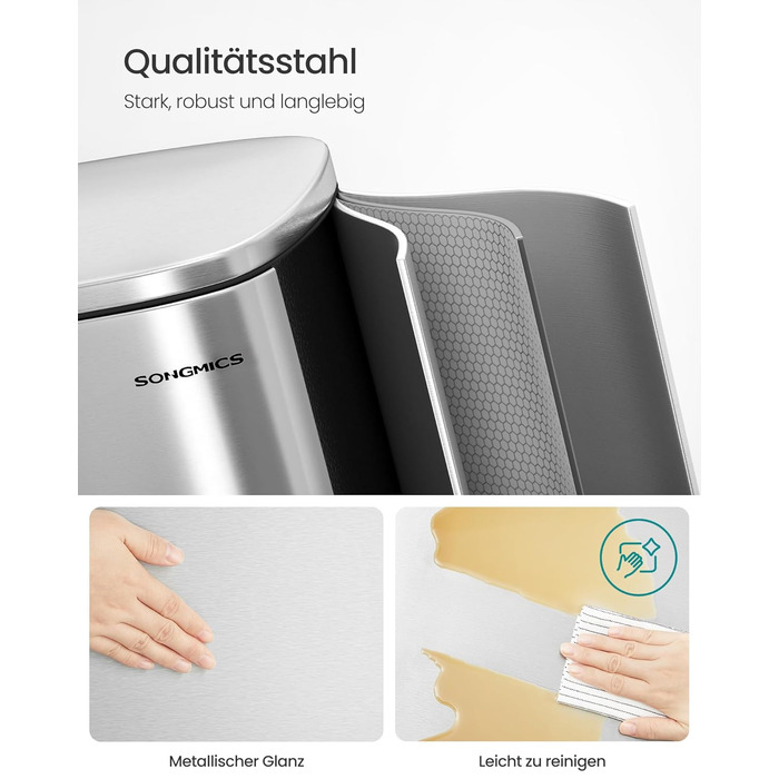 Відро для сміття SONGMICS 50 літрів з педаллю, нержавіюча сталь, з м'яким закриттям, з внутрішнім відром