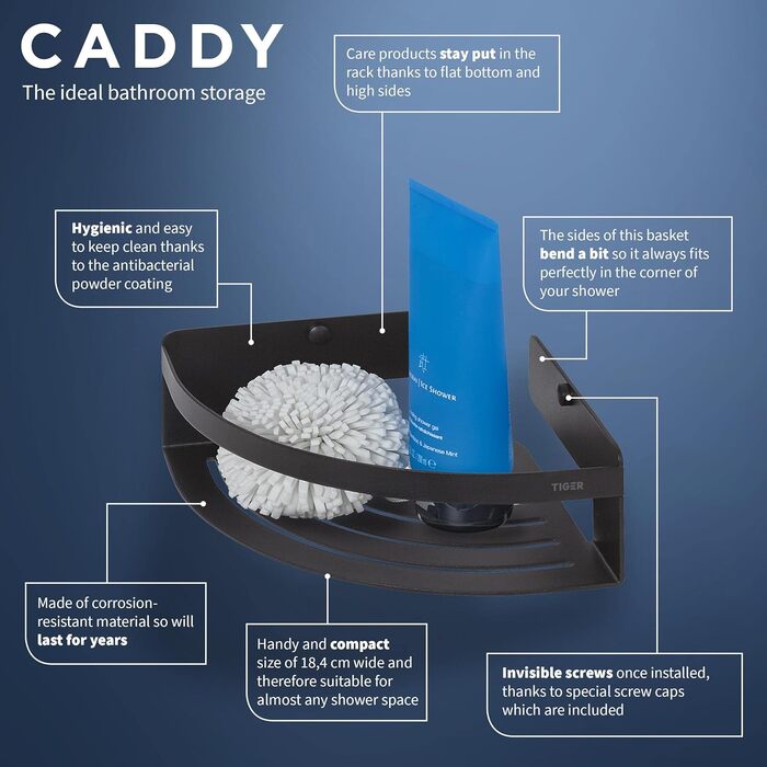Кутова полиця для душу Tiger Caddy мала, з нержавіючої сталі, чорна, компактна підвісна полиця для ванної кімнати та душових кабін, антикорозійна