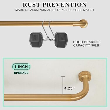 Штанга для штор Warmgold, діаметр 2,5 см, регульована штанга для затемнення, алюмінієві кінчики та кріплення, 71–381 см (28–150 дюймів), тепле золото
