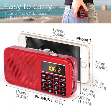 Портативне радіо PRUNUS J-725 FM/UKW з акумулятором 3000mAh, USB/SD/TF/AUX, радіоприймач з підсвічуванням, будильник (червоне)
