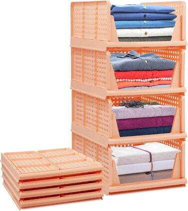 4 Pack Stackable Foldable Closet Storage Box Organizer (Easy Open and Fold), Plastic Closet Shelf Organizer Box, Bedroom, Kitchen (Pink)