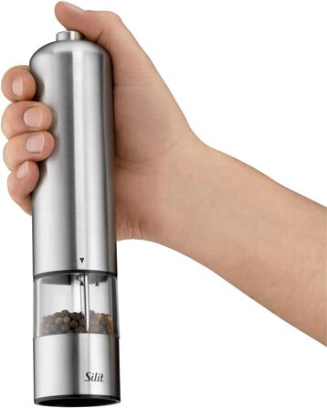 Silit Electric Grinder Set, 2-piece, 23 cm, Electric Salt and Pepper Grinder, Unfilled, Spice Grinders, Grinder for Salt, Pepper, Chili Peppers, Ceramic Grinder, Stainless Steel, Acrylic Glass