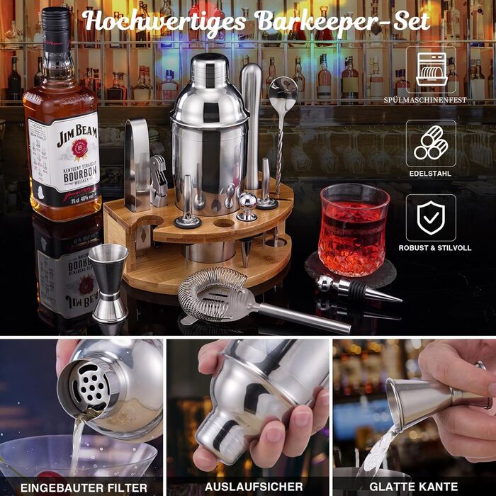 Набір шейкер для коктейлів Barkeeper Set з підставкою, нержавіюча сталь, професійний барний інвентар (срібний)