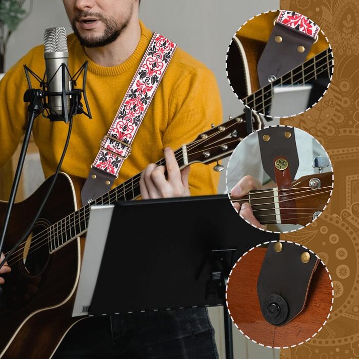 Гітарний ремінь Jacquard з вишитою бавовною та шкіряними кінцями для акустичної гітари (Gs-75-5, 5 метрів, червоний)