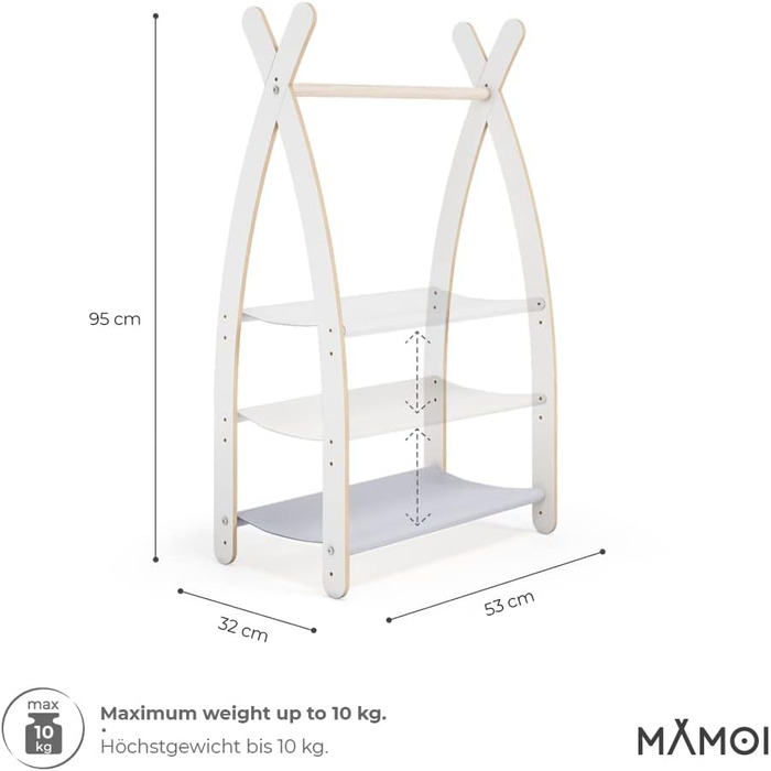 MAMOI® Clothes Rack Baby Nursery | Children's Clothes Rack 106x95x32cm / 53x95x32cm | Children's Clothes Stand Baby | Coat Rack | Baby Wardrobe | Children's Wardrobe | 100% ECO | Made in EU (1 Module - 1 Shelf, White - Light Grey)