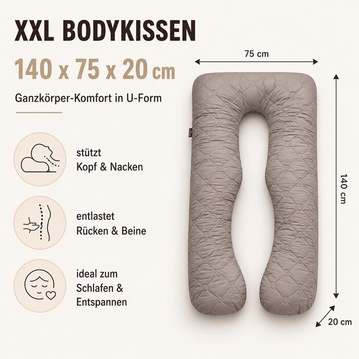 U-подібна подушка для вагітних та годування sei Design XXL, подушка для сну на боці для підтримки спини та стегон, колір taupe, стібана