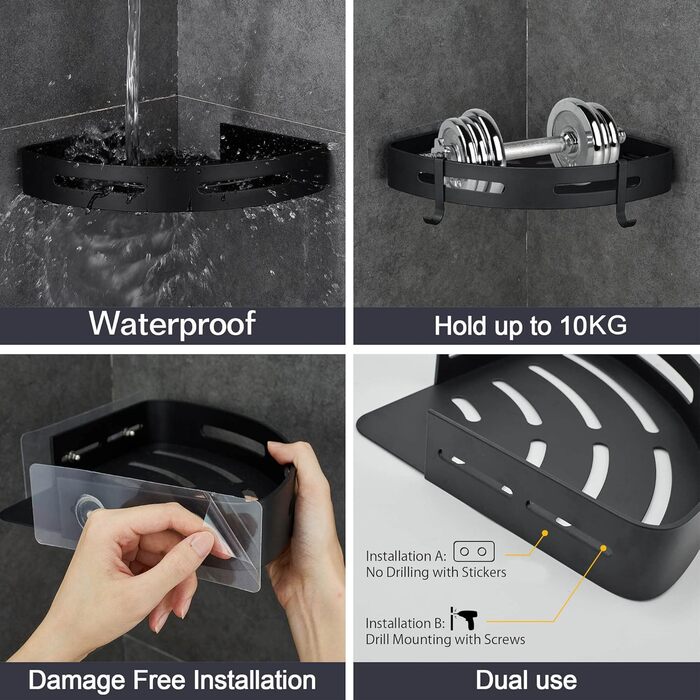 Дзеркальна поличка для душу Gricol без свердління, з гачками, чорна | Кухонна та ванна поличка