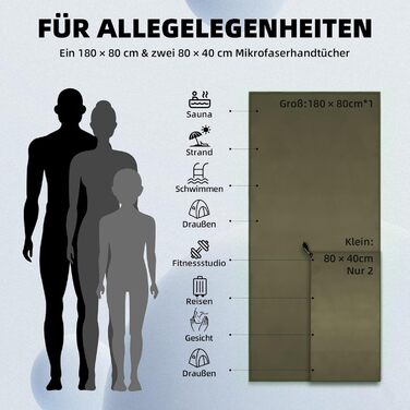 Набір з 3 рушників з мікрофібри: великий (180x80 см) та 2 маленькі (80x40 см). Швидковисихаючі рушники з мікрофібри для спорту, пляжу, ванни та подорожей (армійний зелений)