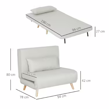 HOMCOM Sleeper Sofa, Single Sofa, Folding Sofa with Adjustable Backrest, Nordic Style, Linen-Look Fabric for Living Room & Guest Room