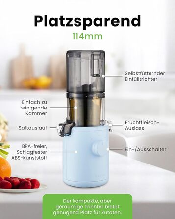 Hurom Slow Juicer | Vegetable and Fruit Juicer | H310 | Easy to Clean & Quiet Motor Electric Juicer with Strainer Filter | 150 Watt | BPA Free | Slim Design | 220ml, Sky Blue