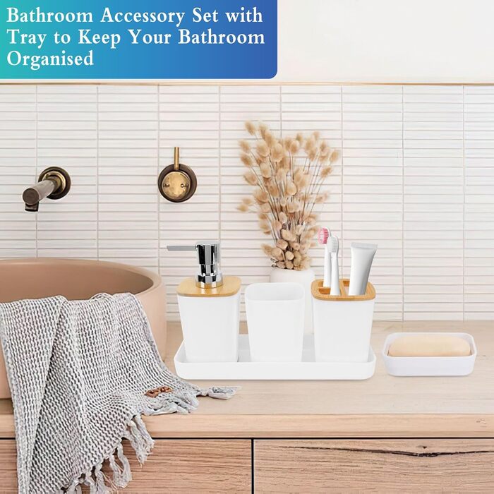 Набір аксесуарів для ванної кімнати з бамбука, 7 предметів: сміттєвий бак, дозатор мила, стакан для ополіскування, мильниця, тримач для зубних щіток, тримач для унітазу, піднос для косметики