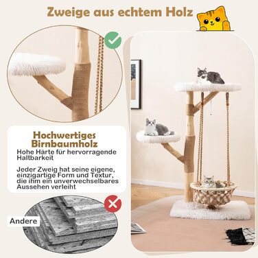 Дерев'яний кігтеточки COSTWAY для котів з гамаком, мотузкою, натуральними гілками та стійкою з джуту, 2 стійки та платформа, кігтеточки для котів, кліматична вежа, натуральний+білий (123 см)