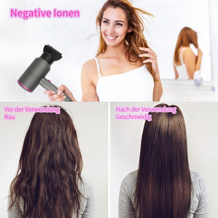 Іонізатор для волосся Faszin Föhn: професійний фен з AC-двигуном, 2 швидкості та 3 режими нагріву, кнопка холодного повітря, насадка-дифузор та 2 концентратори (чорний/білий)