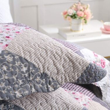 Tagesdecke Qucover для двоспального ліжка 220x240 см, стеганий комплект з подушками, квітковий принт, фіолетовий колір