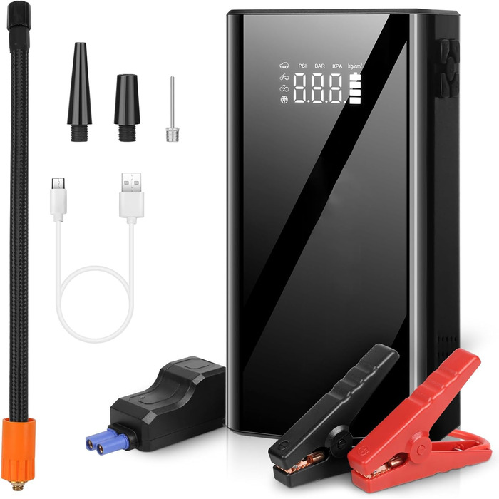 Powerbank з компресором для запуску авто 12V, 10L бензин/8L дизель, LED-ліхтар, швидка зарядка, чорний