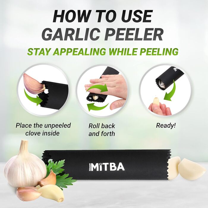 MiTBA Garlic Press Set with Non-Slip Handles - Includes Crusher, Silicone Peeler & Cleaning Brush