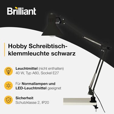 Настільна лампа на затискачі Brilliant Hobby, металева, чорна, патрон E27, 40 Вт
