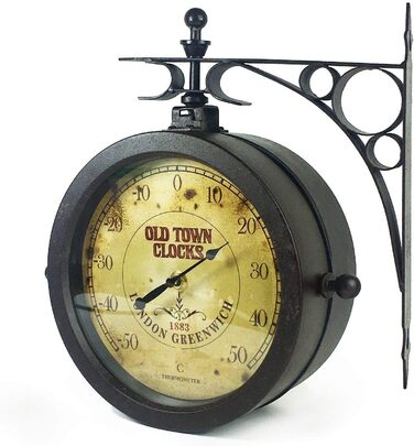 TFA Dostmann Nostalgia Wall Clock and Thermometer, Garden Clock, 60.3011, Outdoor Clock, Suitable for Outdoor Areas, Double-Sided, Antique Copper, L 270 x W 95 x H 295 mm