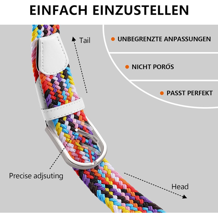Тканинний ремінь TANGCHAO: еластичний плетений ремінь для жінок та чоловіків, ширина 3.3 см, довжина 90-135 см (білий, багатокольоровий, 120 см)