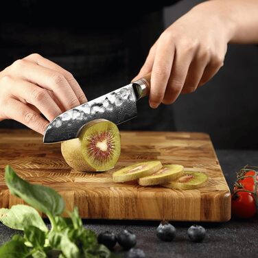 Японський ніж Santoku Zayiko Minami Premium з 12 см лезом з дамаської сталі 67 шарів, ручка з оливкового дерева, дерев'яна коробка. Кухонний ніж для професіоналів та дому без гравіювання