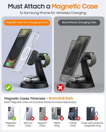 Бездротова зарядка Meifigno 3-в-1 для Samsung Galaxy: Mag-Safe, годинник, навушники (чорний)