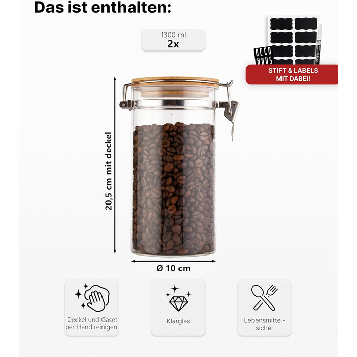 Набір кавових контейнерів Deco haus® 2 шт. з етикетками, 1,3 л - для кави, цукру, борошна, мюслі. Повітряно-непроникні контейнери для зберігання продуктів.