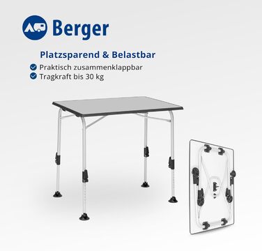 Стіл кемпінговий розкладний BERGER Ivalo 2, 80x60 см, алюмінієвий, регульована висота, для саду, балкону, тераси