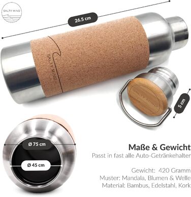 Stainless Steel Water Bottle 750ml - Sustainable, insulated thermal water bottle made of stainless steel, leak-proof - Iso bottle free from harmful substances, BPA-free - Thermos drinking bottle (floral print) (wave (engraving) + bottle brush)