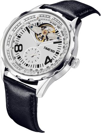 TIME100 Автоматичний годинник для чоловіків: водонепроникний, з підсвічуванням, серія Pilot Angel Wing, бізнес-стиль, скелетний дизайн, шкіряний/силіконовий ремінець, сріблястий колір