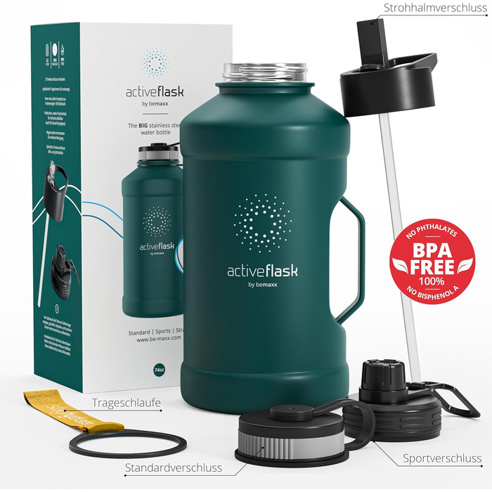 Спортивна пляшка з нержавіючої сталі ACTIVE FLASK 2,2 л з трубочкою, 3 кришки, BPA-free, герметична, для води і газованих напоїв, XL пляшка для спорту, фітнесу, туризму, темно-бірюзова