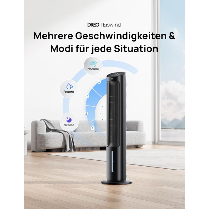 Охолоджувач повітря Dreo з водяним охолодженням, тихий, 40-дюймовий, з поворотом 80°, 3 режими, 4 швидкості, з пульт керування (білий/чорний)