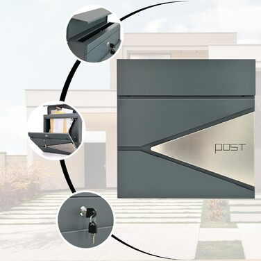Поштовий ящик Verda з газетницею, антрацит, 37x37x11 см, 2 ключі, настінний, з XL газетницею, замикається