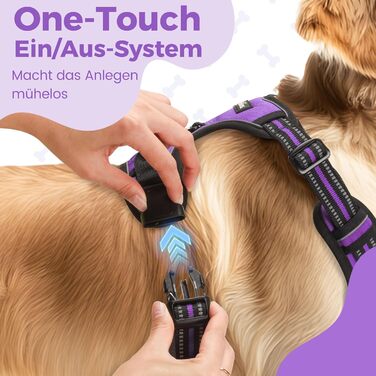 Шлейка для собак середніх порід Funfox, анти-тягнуча, з ручкою та світловідбиваючими смугами, без обмеження росту (XL, фіолетовий)