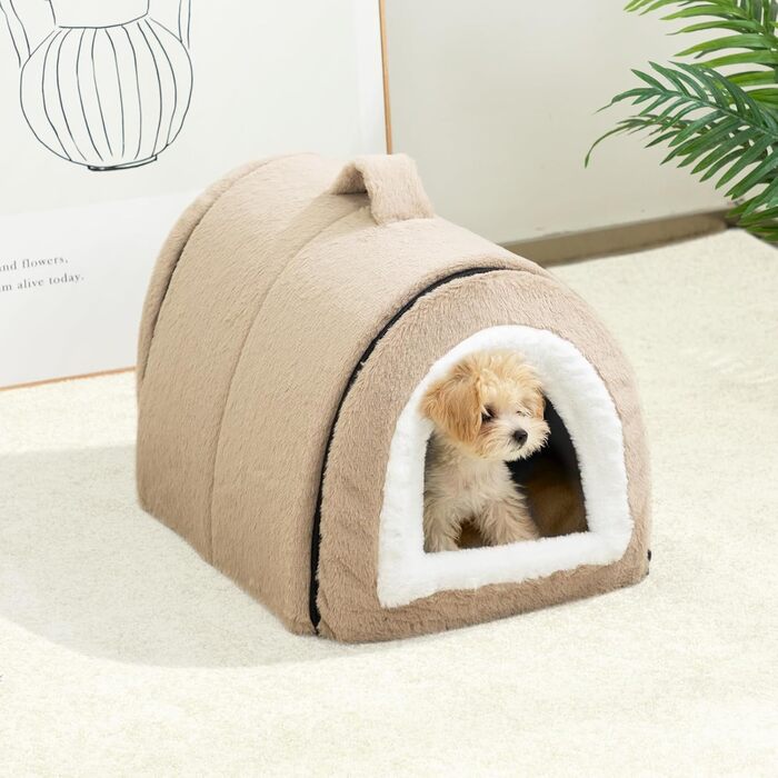 Hollypet Cat Bed, Small Dog Bed, 2-in-1 Foldable Plush Pet Bed for Cats & Small Dogs, Cozy and Soft Pet Cave Bed for Indoor Outdoor, Light Brown