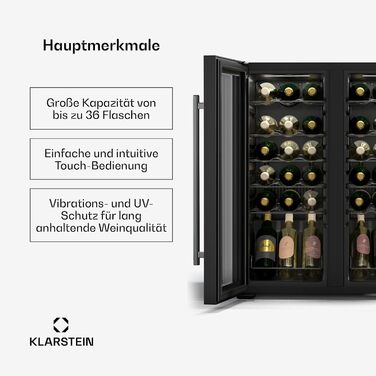 Klarstein Wine Fridge - 16 Bottle Dual Zone Wine Cooler with Glass Door - Compact Indoor/Outdoor Beverage Refrigerator - 5-18°C Temperature Range