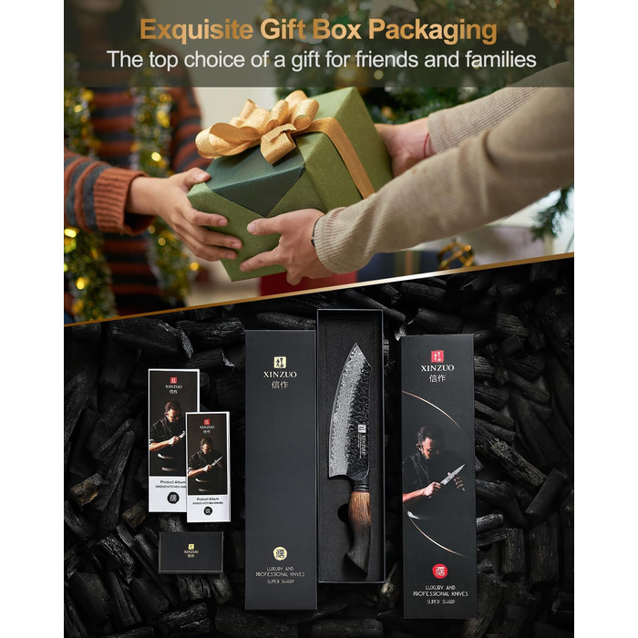 Ніж Сантоку XINZUO Damaststahl 19,3 см - професійний кухонний ніж з дамаської сталі, серія Mo, ергономічна ручка з білого дуба