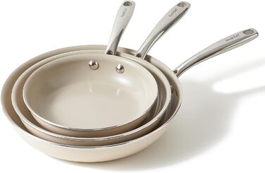 Redchef Non-Stick Frying Pan Set, Ceramic Frying Pan Set, 8, 9.5, 11 inch, Non-Toxic Pans for Cooking, 8.0-10.9 inch Ceramic Fry Pan Set, PFAS, PTFE, and PFOA Free, with Stainless Steel Handle, 8+9.5+11 inch Beige