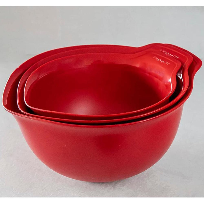 KitchenAid, Plastic, 3-Piece Mixing Bowl Set, Dishwasher Safe, Nesting, 3 Bowls with Non-Slip Base and Spout – Empire Red