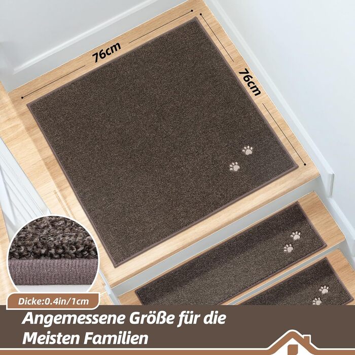 BEQHAUSE Non-Slip Stair Treads - 15 Piece Set - Washable Carpet for Stairs - Safe for Kids, Seniors & Pets - 100% Polyester with TPE Backing - 22x70cm