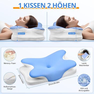 Подушка для шиї Ehomfory з Memory Foam, ергономічна для сну на боці, спині та животі, 67x37x9/12 см (Синя)