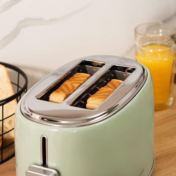 Тостер Cecotec Toaster 2 Scheiben Retro Green, 980 Вт, 2 слоти, нержавіюча сталь, регулювання потужності, піддон для крихт