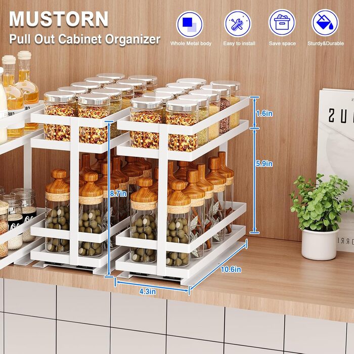 Висувний органайзер для спецій Mustorn, 2-рівневий, металевий, для кухні (білий)