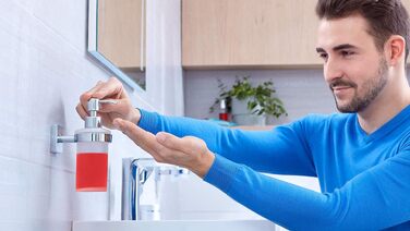 tesa EKKRO Soap Dispenser Set, satinized glass and chrome-plated stainless steel - Wall-mounted liquid soap dispenser without drilling, including adhesive solution - 70mm x 170mm x 125mm