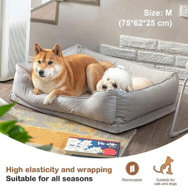 Ортопедичне ліжко для собак та котів, миється, для середніх та маленьких собак, знімний кошик, пухнастий, стійкий до укусів (75 x 62 x 25 см, кольоро персика)